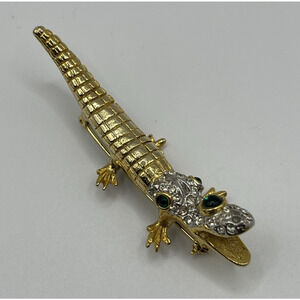 Kenneth Jay Lane Gold Plated Alligator Brooch Pave Rhinestone Head Pin